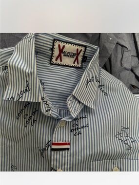 Moncler Gamme Bleu Light Blue & White Striped Script Button-Down Shirt